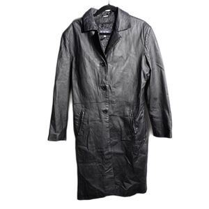 VTG BMM USA Black Leather Trench Coat Mens L FLAWS Long Pockets Grunge Goth Punk